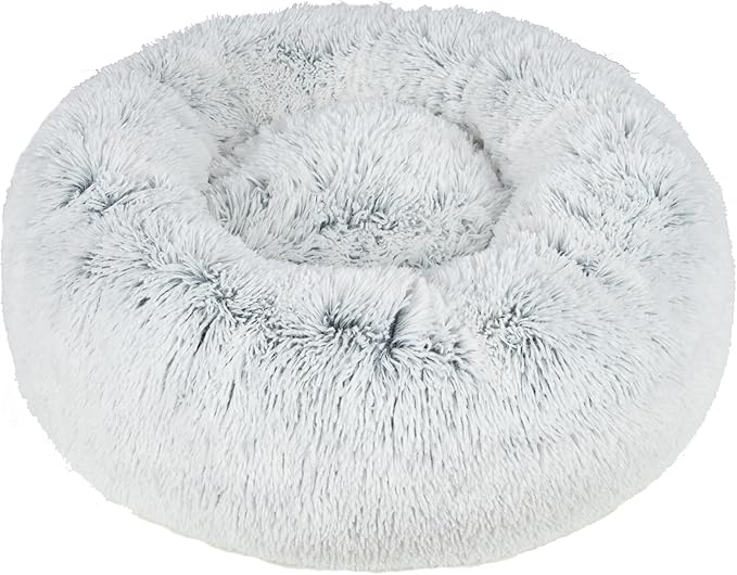 Best Pet Supplies Round Donut Dog Bed with Plush Faux Fur Fabric, Calming, Anti-Anxiety Cushion for Indoor Pets, Slip-Resistant Base, Soft Ergonomic Support - Light Warm Gray, 20x20x6''-PawvioPets