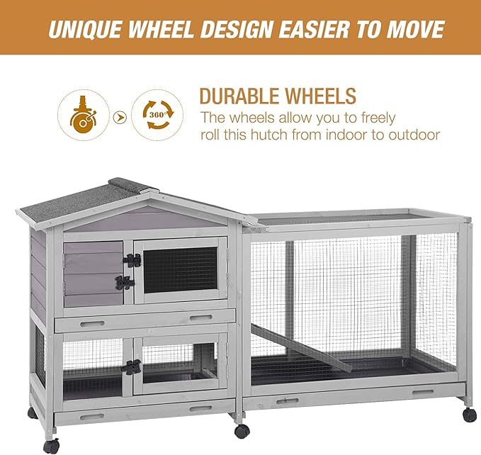 Bunny Cage Indoor and Outdoor Rabbit Hutch with Casters Waterproof Roof, Pull Out Tray from Back and Front 61.2" L x 22.6" W x 33.5" H-PawvioPets