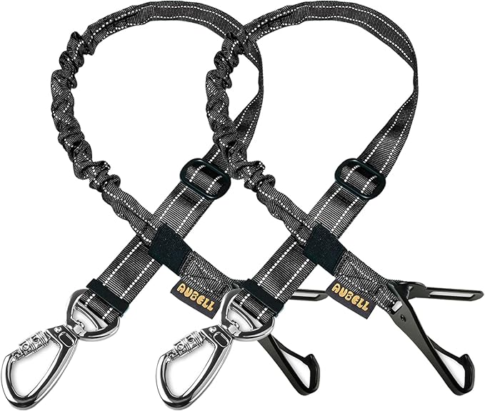 AUBELL Dog Seat Belt for Car,2 Pack Set 3-in-1 Adjustable Reflective Bungee Heavy Duty Dog Car Harness Tether with Clip Hook Latch & Buckle,Swivel Zinc Alloy Carabiner,Black+Black-PawvioPets