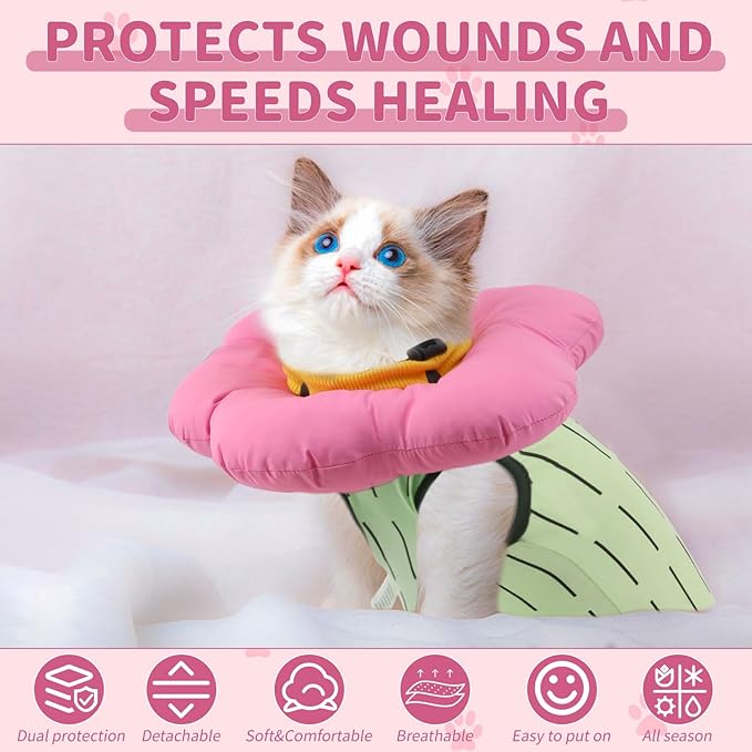 EMUST Cute Cat Recovery Suit and Adjustable Flower Cone Collar Set - Soft Surgical Suit for Abdominal Wounds, Cat Cones After Surgery for Female Kittens Under 4lb (Green)-PawvioPets