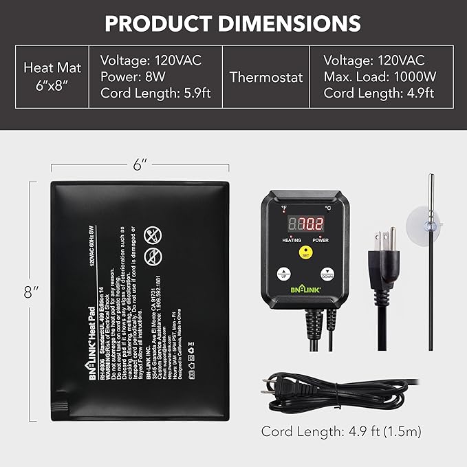 BN-LINK Durable Reptile Heating Pad 6" X 8" with Digital Thermostat Under Tank Heater Terrarium Warmer Combo Set for Turtles, Lizards, Frogs, and Other Reptiles-PawvioPets