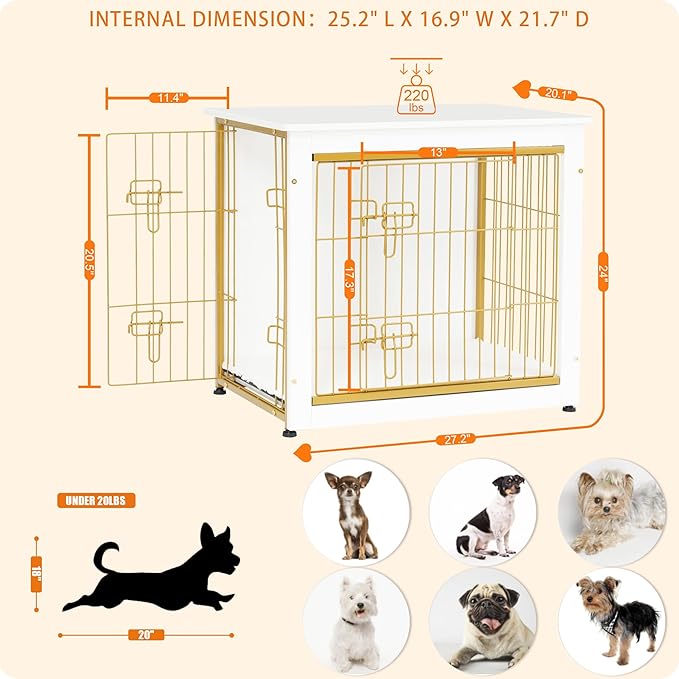 DWANTON Dog Crate Furniture with Cushion, Wooden Kennel Table with Double Doors, Indoor Dog House, Small/Medium/Large Size, 27.2" L, White-PawvioPets