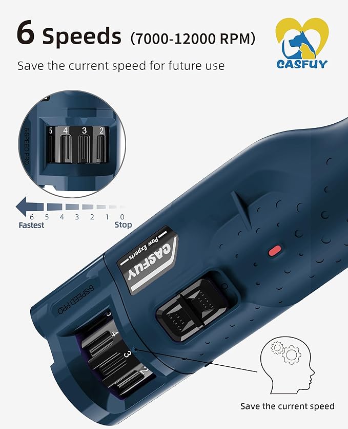 Casfuy Dog Nail Grinder Quiet - (45db) 6-Speed Pet Nail Grinder with 2 LED Lights for Large Medium Small Puppy Dogs/Cats, Professional 3 Ports Rechargeable Electric Dog Nail Trimmer with Dust Cap-PawvioPets