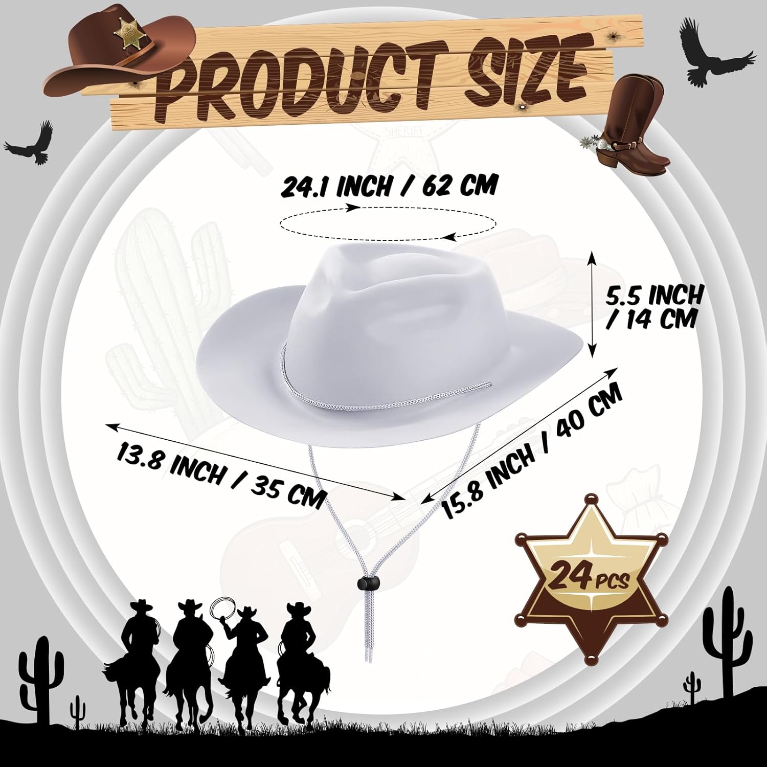 Mepase 24 Pieces Disposable Plastic Western Cowboy Hat Set Felt Wide Brimmed Cowgirl Hats for Men Women Costume Party(White)