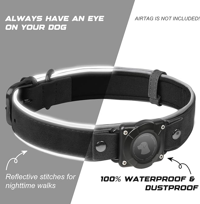 AirTag Dog Collar - Leather Dog Collar with Air Tag Holder | IPX8 Waterproof, Reflective, High - End, Adjustable Soft Padded | Dog GPS Tracker Collars Fit for Medium Large Dogs (Black, XL)-PawvioPets