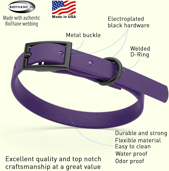 Dogline Biothane Waterproof Dog Collar Strong Coated Nylon Webbing with Black Hardware Odor- Proof for Easy Care Easy to Clean High Performance Fits Small Medium or Large Dogs, Violet Purple-PawvioPets