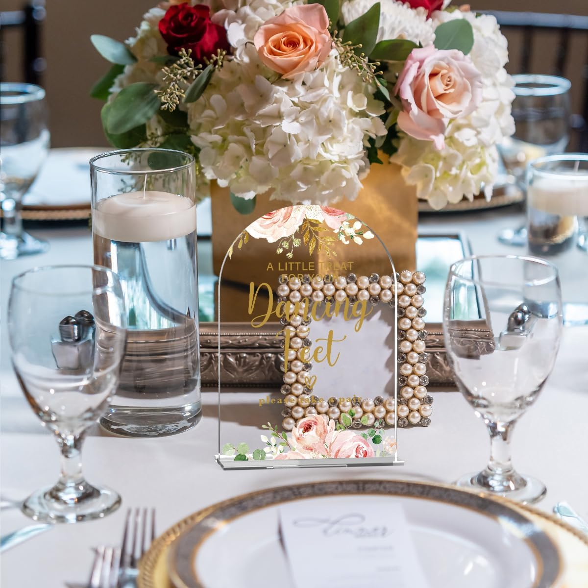 Acrylic Wedding Signs, Bridal Shower Decorations, Dancing Feet Signs for Reception, Modern Calligraphy Arch Acrylic Table Top Sign for Wedding Reception and Engagement Parties (Clear Pink Flowers)