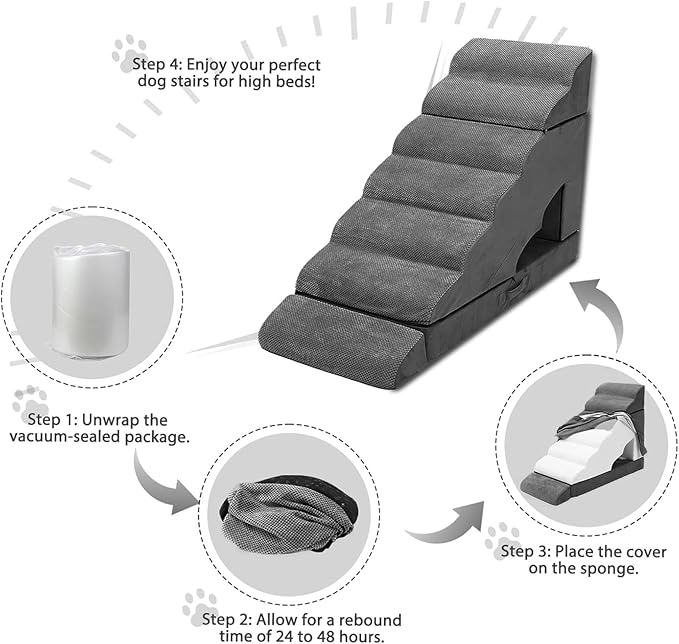 Foam Dog Stairs & Steps Ramps for High Beds 30-36 inches High Tall Large Dogs, LitaiL 7 Step Pet Stairs Steps for High Beds 30 inch Small Dogs, Non-Slip Dog Ramps for Bed-PawvioPets