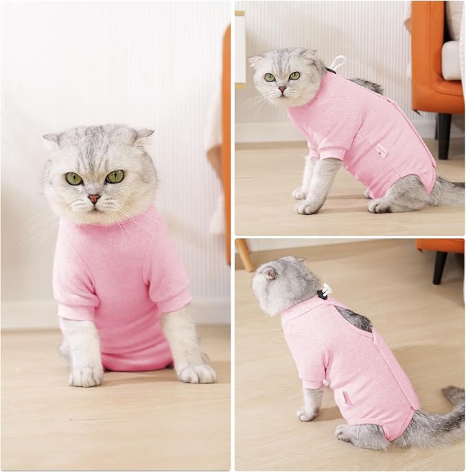 Dotoner Cat Surgery Recovery Suit for Female Male Anti-Licking Pet Surgical Pajamas Long Sleeve Prevent Shedding Cat Spay Recovery Suit&E Collar Alternative Bodysuit for Cats-PawvioPets