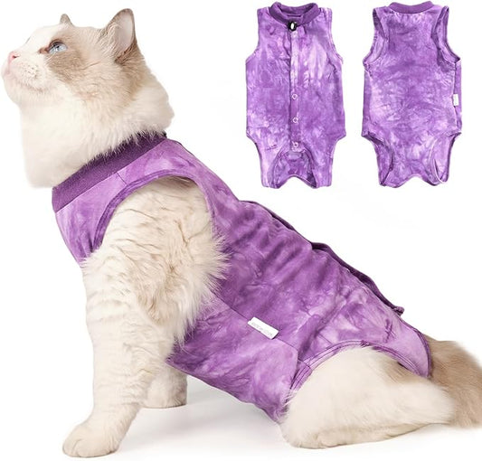 Cat Recovery Suit for Male and Female Surgical Post Surgery Soft Cone Onesie Tie Dye Cats Shirt Clothes Neuter Licking Protective Diapers Outfit Cover Kitten Spay Collar Alternative(Purple, M)-PawvioPets