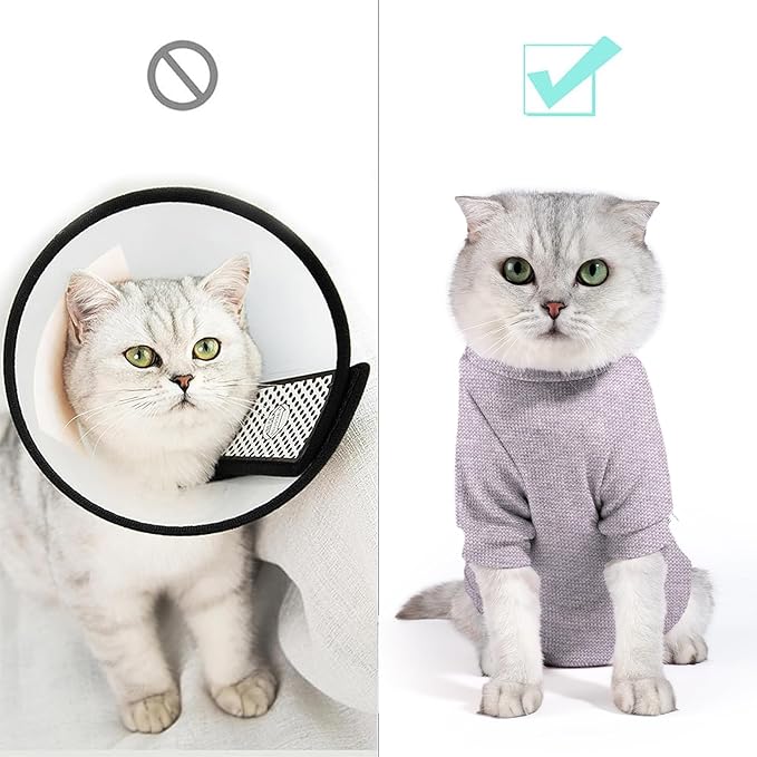 Dotoner Cat Surgery Recovery Suit for Female Male Anti-Licking Pet Surgical Pajamas Long Sleeve Prevent Shedding Cat Spay Recovery Suit&E Collar Alternative Bodysuit for Cats-PawvioPets