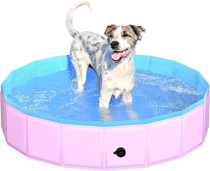 2025 Updated Foldable Dog Pool, 39.5" x 12" Kiddie Pool with Hard Plastic, Non-Slip Dog Bath Tub for Outdoor Backyard, Collapsible Dog Swimming Pool for Kids Dogs Pets (Pink)-PawvioPets