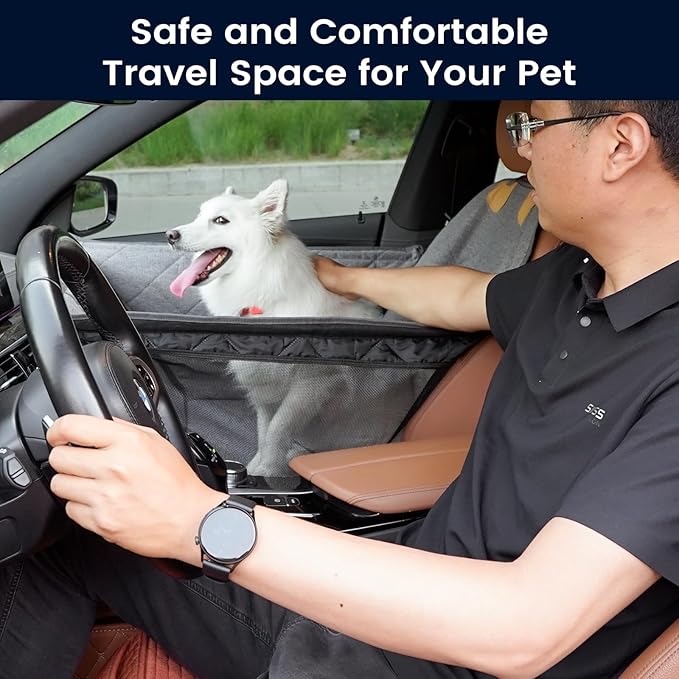 Dog Car Seat for Small/Medium Dogs with Door Protection – Full Coverage Pet Booster Seat with Mesh Window, Zippered Side Flaps, Safety Buckle, Grey Linen Fabric-PawvioPets