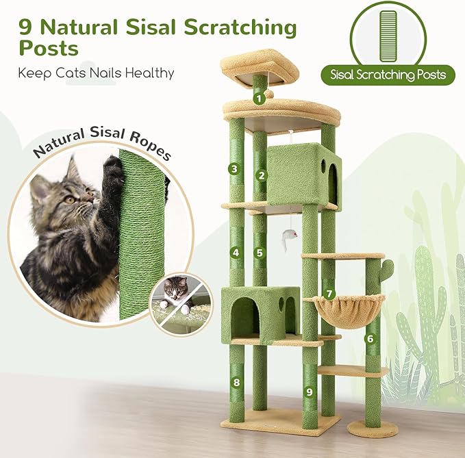 Globlazer Cactus Giant Cat Tree, 83 inch Cat Tree for Indoor Cats Large Adult, XXL Cat Tower with 9 Scratching Posts for 20lb+ Heavy Duty Large Adult Cats, F83, Green-PawvioPets