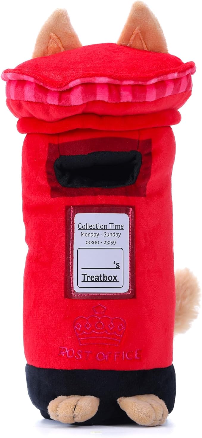 British Postbox Treat-Dispensing Soft Plush Squeaky Pet Toy - Iconic UK Enrichment Gift, Durable Cute & Fun Toy for Interactive Play, Hide Food for Nose-Work Puzzle, Small Medium Dogs-PawvioPets