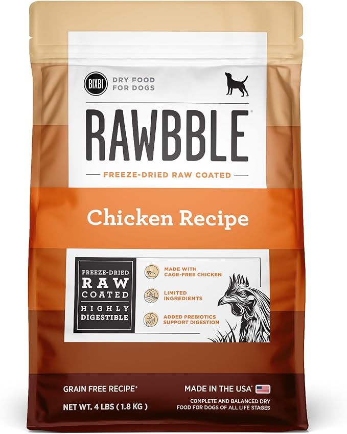 BIXBI Rawbble Dry Dog Food, Chicken, 4 lbs - USA Made with Fresh Meat - No Meat Meal & No Corn, Soy or Wheat - Freeze Dried Raw Coated Dog Food - Minimally Processed for Superior Digestibility-PawvioPets