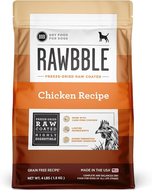 BIXBI Rawbble Dry Dog Food, Chicken, 4 lbs - USA Made with Fresh Meat - No Meat Meal & No Corn, Soy or Wheat - Freeze Dried Raw Coated Dog Food - Minimally Processed for Superior Digestibility-PawvioPets
