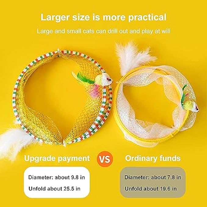 Folded Cat Tunnel Toy for Indoor Cats, 2 PCS Collapsible Pet Spring Cat Toys with Feather Mouse Upgrade Interactive Toy Playing Tent for Puppy Kitten Accessories Home-PawvioPets