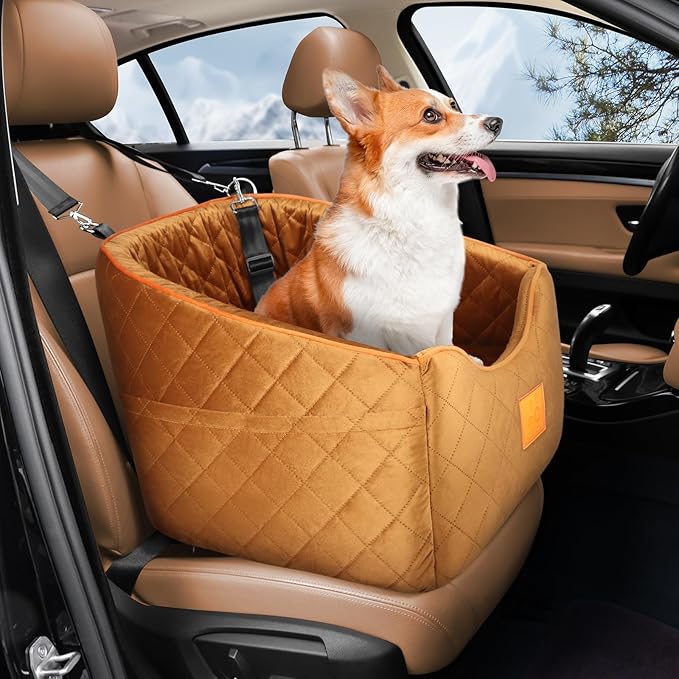 Dog Car Seat for Small Dogs, Memory Foam Booster Dog Seat for Dogs up to 35 lbs, Elevated Pet Car Seat with Washable Removable Cover, Storage Pockets-PawvioPets