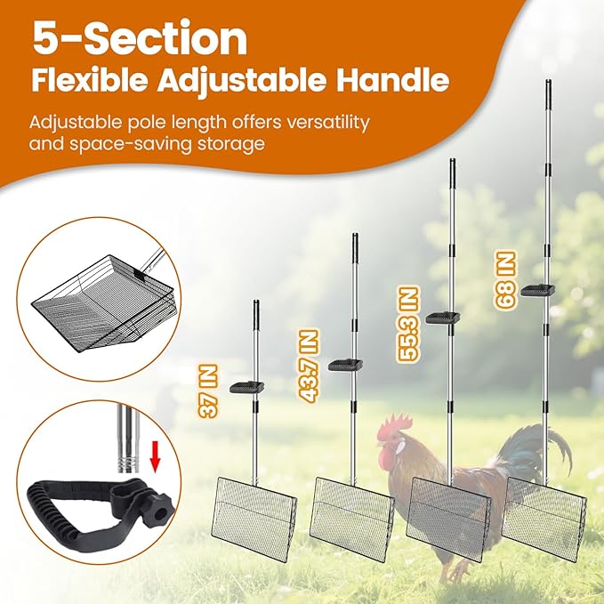 15 inch Extra Large Chicken Poop Scooper with Ergonomic Grip,5-in-1 Heavy Duty Adjustable Coop Scoop for Poop (24 to 68"), Stainless Steel Sifting Litter Shovel Scoop for Chicken Coop-PawvioPets