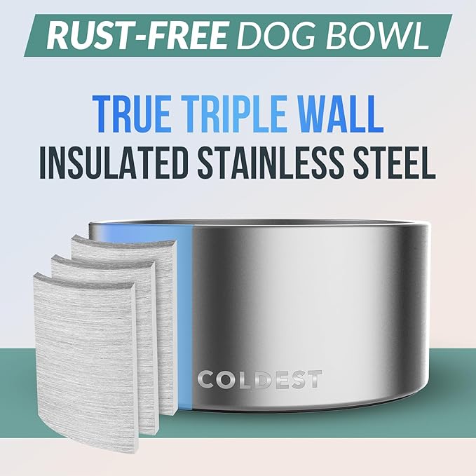 Coldest Dog Bowl - Anti Rust Metal, Non Slip, 3 Layers Insulated Stainless Steel Dog Bowls - Spill Proof & Heavy Duty - Water Bowl for Dogs, Cats, Dish Washer Safe (200 oz, Polished Stainless Steel)-PawvioPets