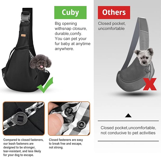 CUBY Dog and Cat Sling Carrier, Hand-Free Dog Carrier Slings with Adjustable Straps Pocker, Puppy Slings Carrier for Small Dogs Cats Outdoor Travel Bag(Black, M-Adjustable Strap)-PawvioPets