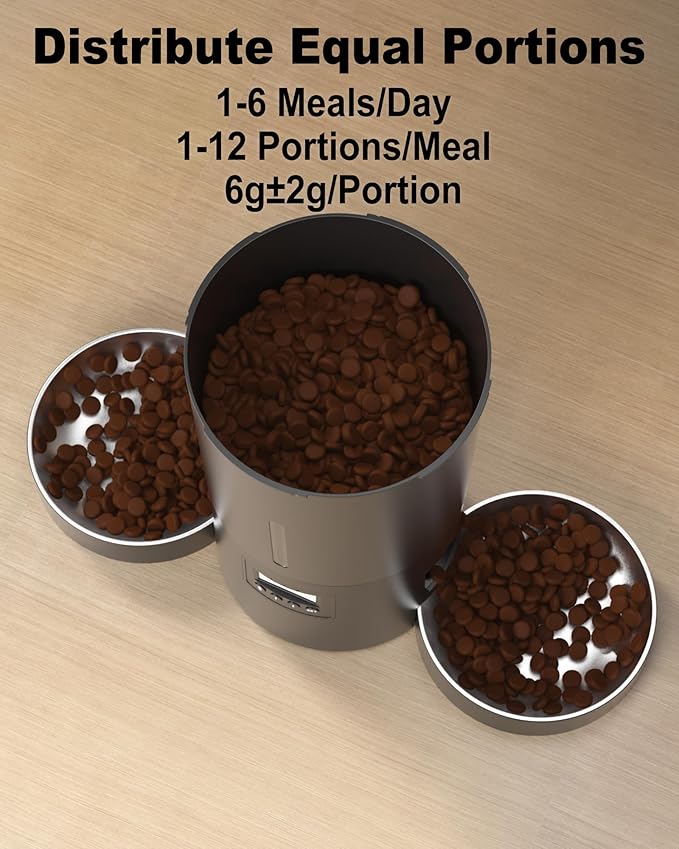 Dual Automatic Cat Feeder 2 Cats,6 Meals/Day,12 Portions/Meal,4.2L Dual Power Double Bowls Feeder,Dry Food Auto Pet Dispenser,10S Voice Record,Flexible Schedule Timer (Black,Stainless Dual Bowls)-PawvioPets