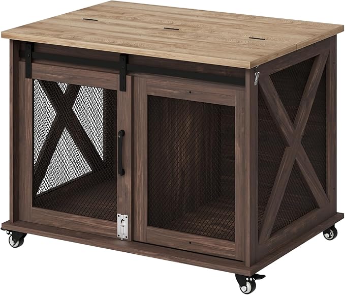 Dog Crate Furniture,37 Inch Indoor Dog Cage with Sliding Barn Door, Flip Top Dog Kennel End Table with Removable Divider, Farmhouse Wooden Pet House for Small to Middle Size Dogs-PawvioPets
