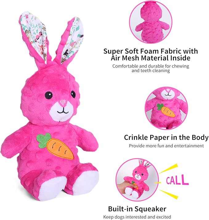 DODODOLA Dog Toys Stuffed Dog Toy with Crinkle Paper Cute Rabbit Plush Bunny Squeaky Dog Easter Toys Dog Chew Toys for Medium Large Breed-PawvioPets