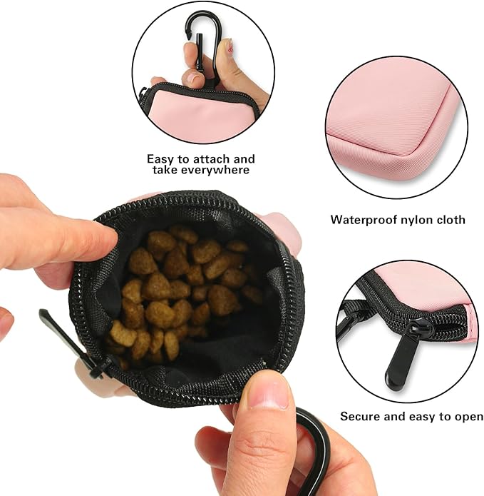 Dog Treat Pouch 2 PCS, Waterproof Small Dog Treat Bag for Leash, Hands Free Dog Walking Bag with Carabiner, Dog Poop Bag Holder for Pet Puppy Travel or Outdoor Use, Zipper Closure to Avoid Spilling-PawvioPets