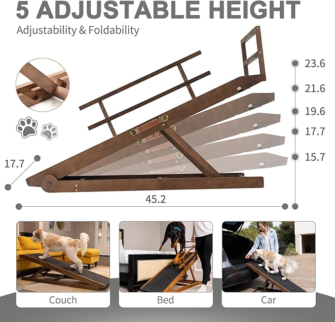 ABORON Folding Pet Ramp, 5-Level Adjustable Dog Ramp for Bed, Couch, SUV - High Traction Rubber Surface, Supports up to 200 lbs, 45.2" Long - Ideal for Small & Large Dogs & Cats,Brown Finish-PawvioPets