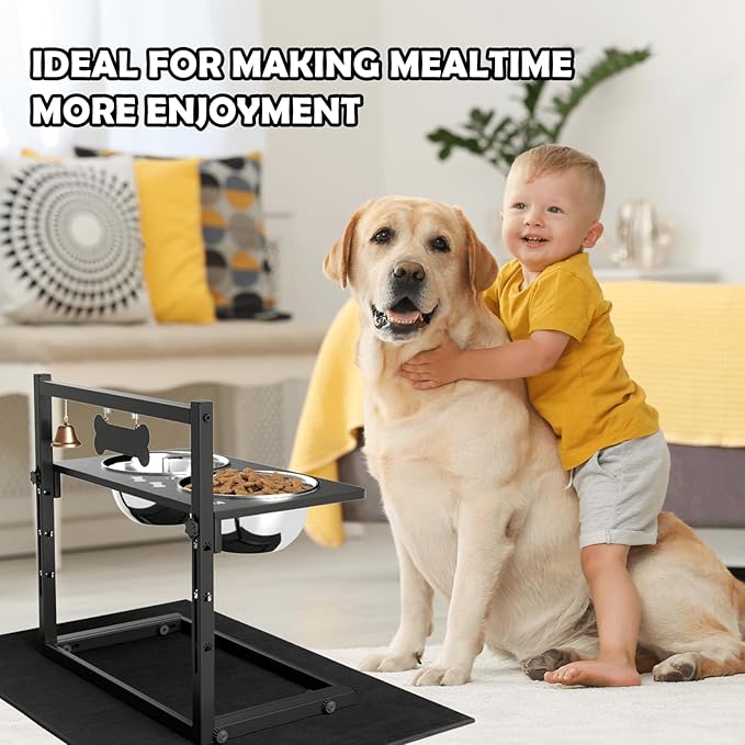 Elevated Dog Bowls with Slow Feeder and Spill Proof Mat, Adjustable Height 4.3-11.8'', Two 1.7L Stainless Steel Food & Water Bowls, Metal Raised Dog Bowl Stand, for Large Medium Breeds-PawvioPets