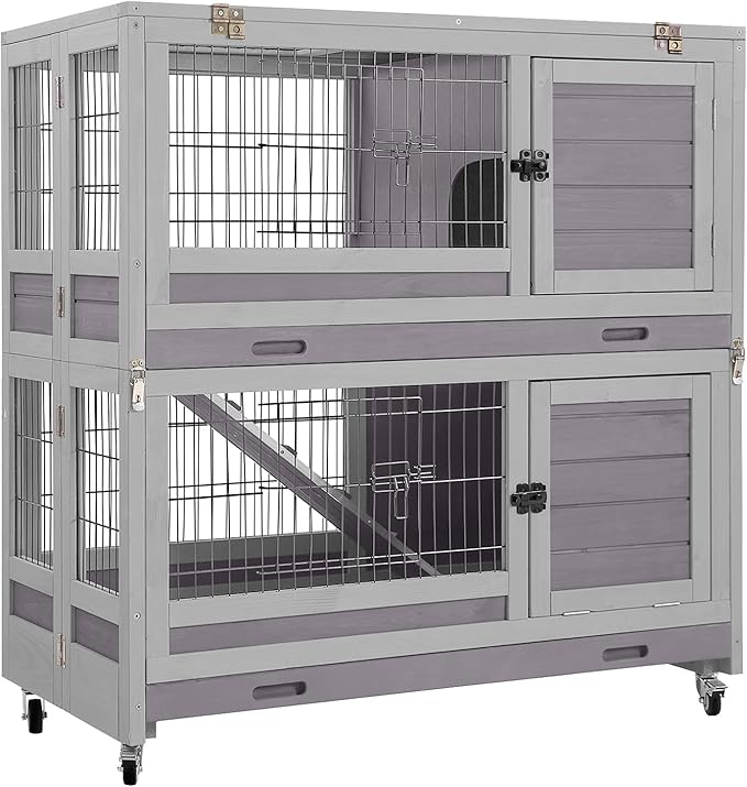 Aivituvin Large Rabbit Hutch Indoor and Outdoor Folding Bunny Cage on Wheels Guinea Pig Cage with Deep No Leak Pull Out Tray,Upgrade Version (Light Gray)-PawvioPets