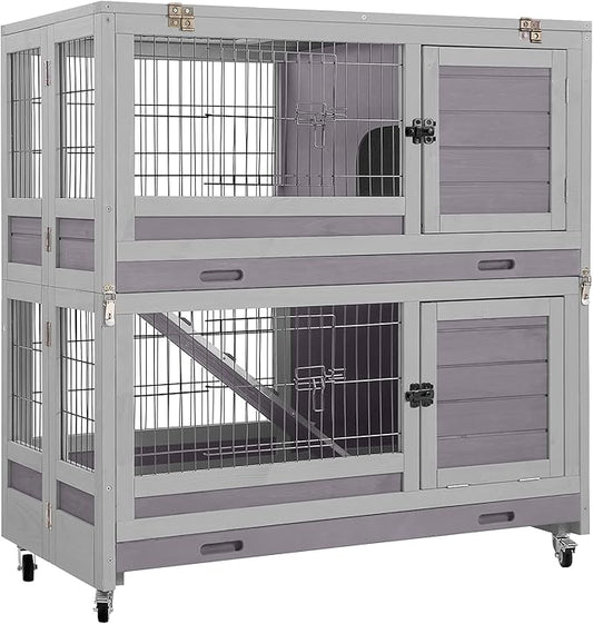Aivituvin Large Rabbit Hutch Indoor and Outdoor Folding Bunny Cage on Wheels Guinea Pig Cage with Deep No Leak Pull Out Tray,Upgrade Version (Light Gray)-PawvioPets