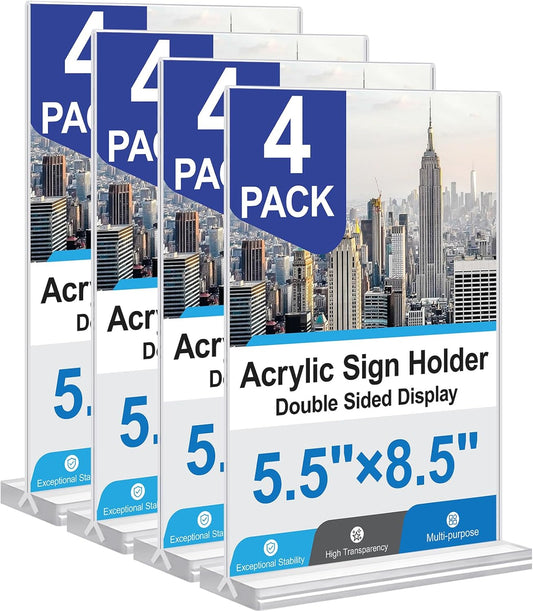 Acrylic Sign Holder 5.5x8.5 Inches 4 Pack, Double Sided Clear Display Stand Table Top Sign Paper Holder, Vertical Menu Flyer Holder, Plastic Sign Frame for Stores, Restaurants, Hotels, Office
