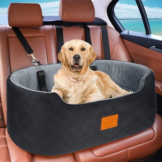 Dog Car Seat for Medium Dogs Up to 50 lbs, Pet Booster Seat for Cars SUVs and Trucks, Travel Dog Bed with Safety Strap, Thick Cushion, Non-Slip Base, Washable and Portable(Black/Gray-PawvioPets