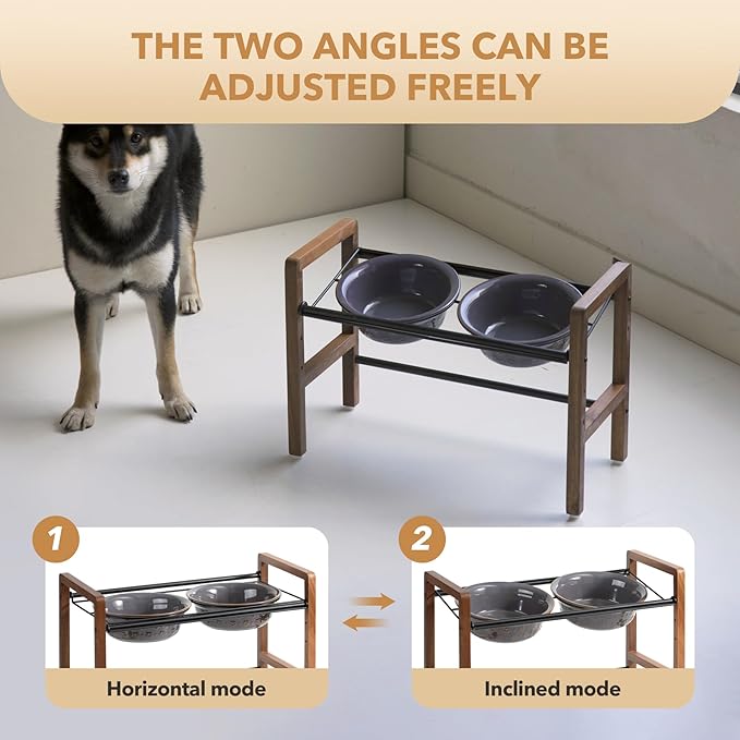 7.1inch Ceramic Adjustable Raised Double Bowls Set with Stand, 3 Heights Elevated, 2 Placement Options,Food and Water Bowls for Medium and Large Dog(Reactived Glaze -Grey)-PawvioPets