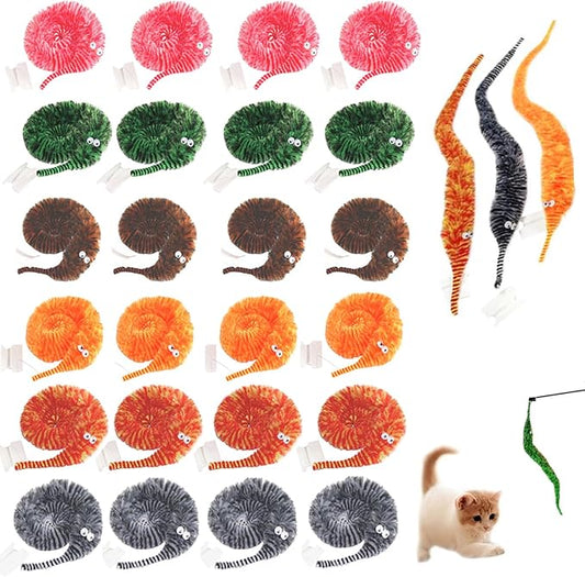 24 PCS Cat Worm Toy Zebra Print Feather Worm Teaser Refills Attachment Cute Cat Wand Replacement Interactive Wand Accessories for Fishing Pole Toy Teaser for Indoor Cats Kitten-PawvioPets