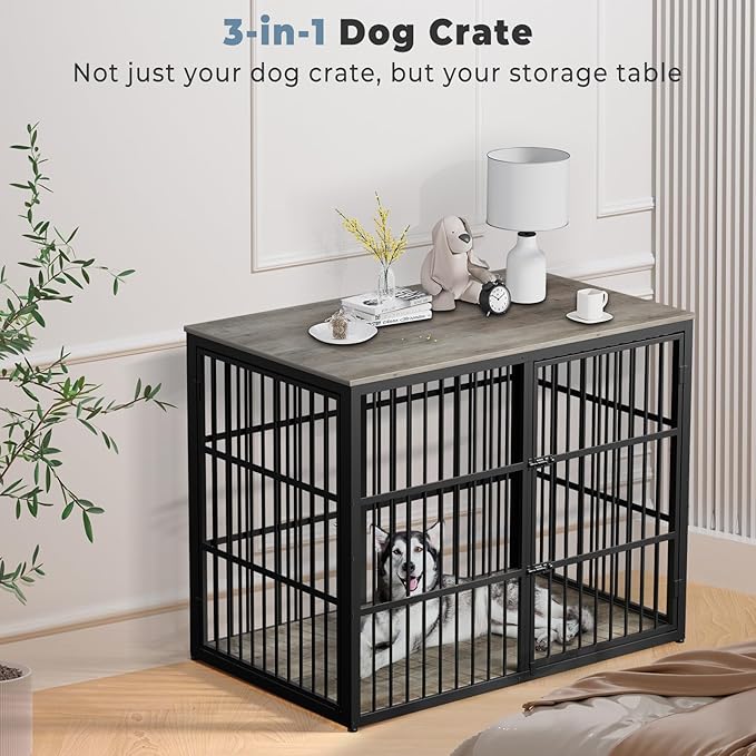 48'' XXL Dog Crate Furniture with 3 Doors, Wooden Crate End Table Heavy Duty Indoor Combination Cage for Medium to Large Dogs, Multiple Units Can be Combined, Grey-PawvioPets