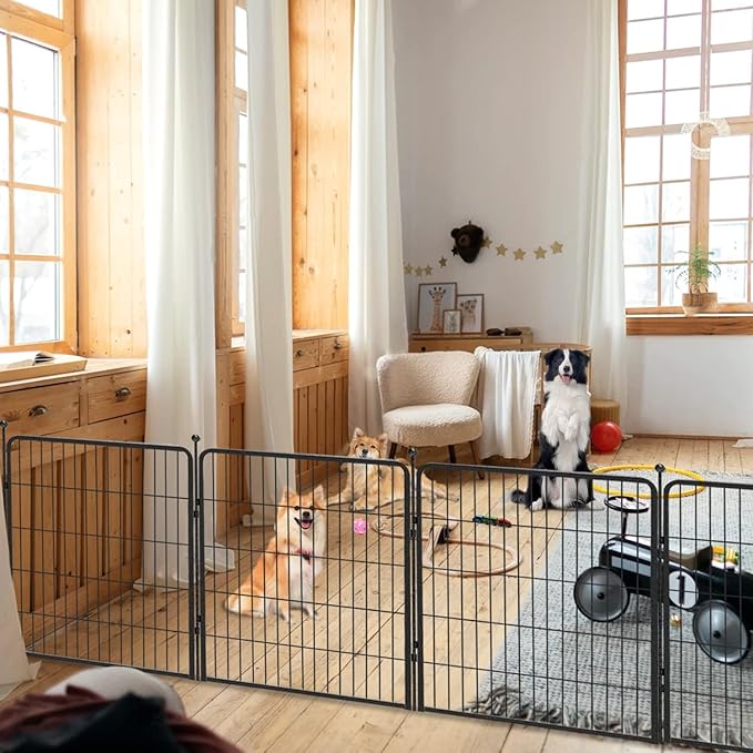 Dog Playpen 32 inch 12 Panels Indoor Dog Pen for Medium/Small Dogs Heavy Duty Metal Dog Fence Outdoor for Yard, Puppy Playpen with Door Portable Pet Fence for RV Camping Yard-PawvioPets