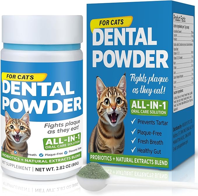 Cat Dental Care Powder Bad Breath Treatment for Cats Teeth, Mouth, Gums & Gut, Plaque Off,Tartar Control, Help Feline Gingivitis and Stomatitis, with Natural Extracts & Probiotics-PawvioPets