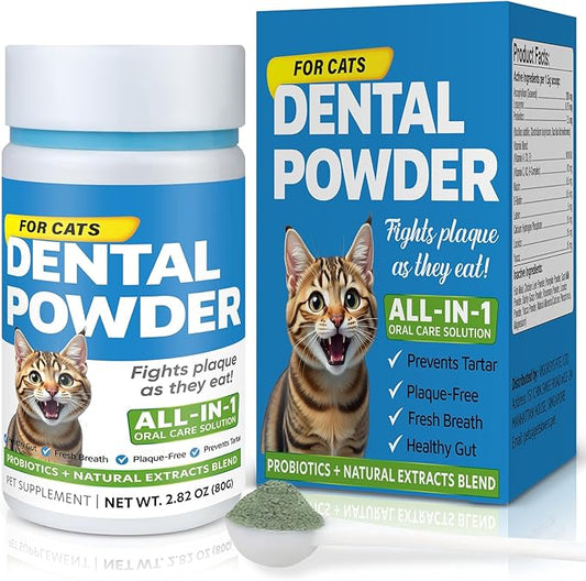 Cat Dental Care Powder Bad Breath Treatment for Cats Teeth, Mouth, Gums & Gut, Plaque Off,Tartar Control, Help Feline Gingivitis and Stomatitis, with Natural Extracts & Probiotics-PawvioPets