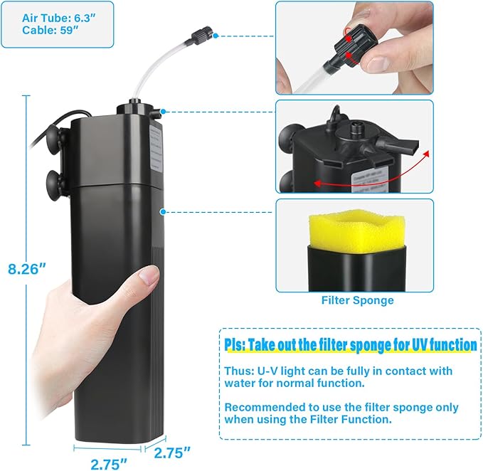Aquarium U-V Filter for 40-75 Gal, 211 GPH Swirl Turbo Design Submersible Internal Turtle Fish Tank Filter w/Timer, Quiet Power Pump Air Supply Green Clean Machine Saltwater Freshwater Green Killing-PawvioPets