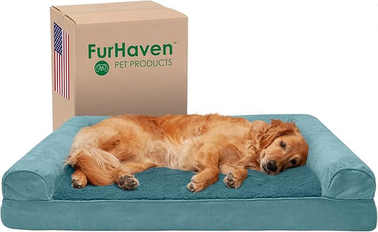 Furhaven Cooling Gel Dog Bed for Large Dogs w/ Removable Bolsters & Washable Cover, For Dogs Up to 95 lbs - Plush & Suede Sofa - Deep Pool, Jumbo/XL-PawvioPets