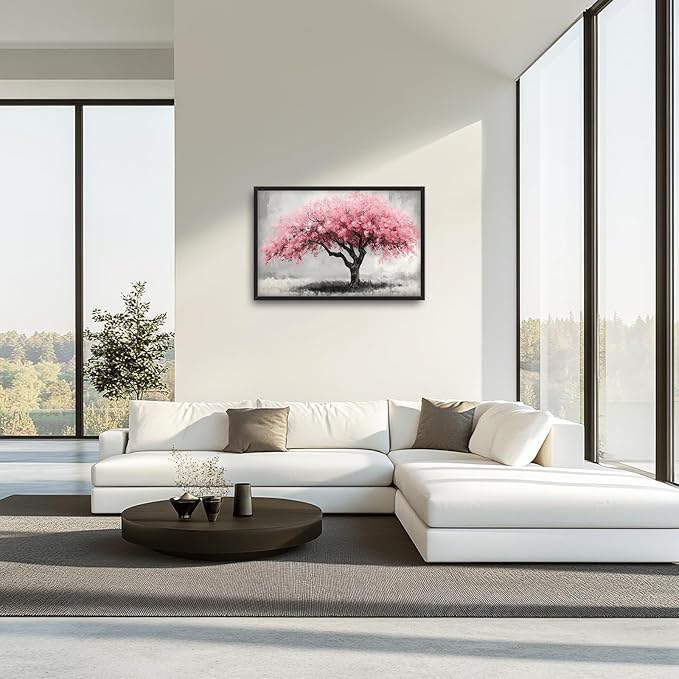 Extra Large Framed Pink Tree Wall Art,Abstract Tree of Life Wall Decor,Pink and Grey Pictures for Living Room,Canvas Print Painting Modern Artwork Bedroom Office Bathroom Home Decor 36L x24W-PawvioPets