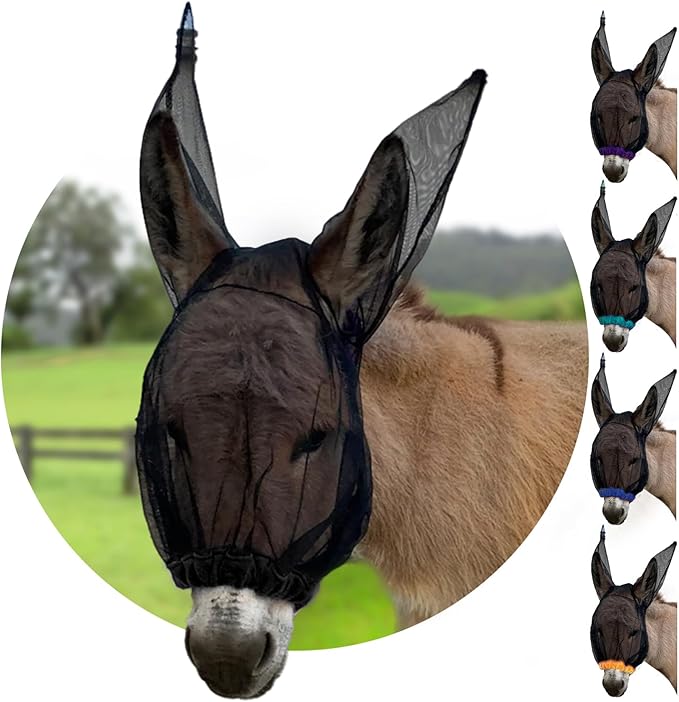 Donkey Fly Mask with Long Ears (Black) Made in USA - Mule Fly Mask with Ears Protection from Insects and Bugs, Small Donkey Soft Mesh Fabric with Adjustable Fastener, Face Cover Supplies for Donkeys-PawvioPets