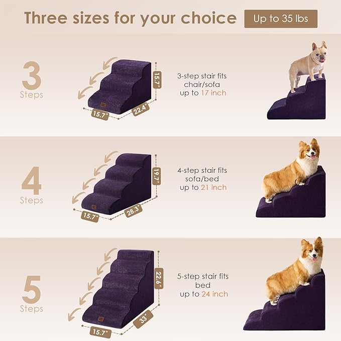 EHEYCIGA Curved Dog Stairs Ramp for Small Dogs 15.7" H, 3-Step Dog Steps for Couch Sofa and Chair, Pet Stairs for Cats, Non-Slip Balanced Pet Steps Indoor, Purple-PawvioPets