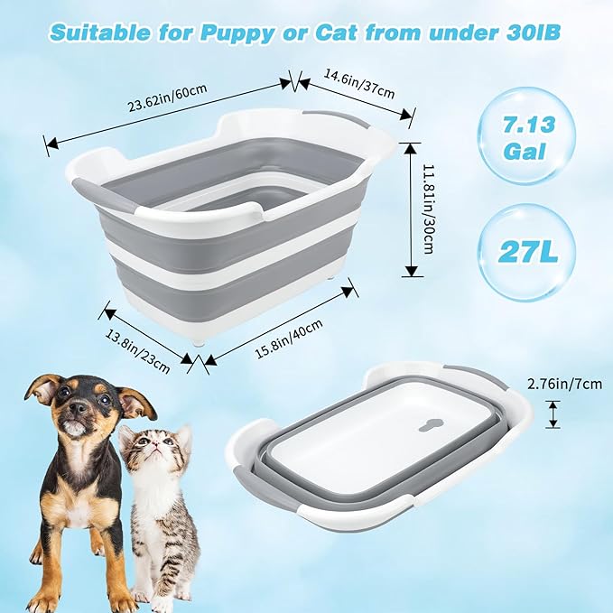 FHTONGE 7.13 Gal/27L Raised Collapsible Dog Bathtub with Drain Hair Catcher, Multifunctional Pet Washtub for Small to M Dog, Portable Puppy Tub Cat Shower Basin Laundry Basket Storage Organize Bucket-PawvioPets