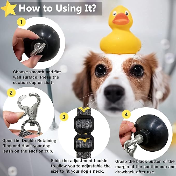 Dog Bathing Tether with Heavy Suction Cup, Dog Grooming Tub Restraint Leash with Adjustable Collar for Pet Cat Shower and Grooming-PawvioPets