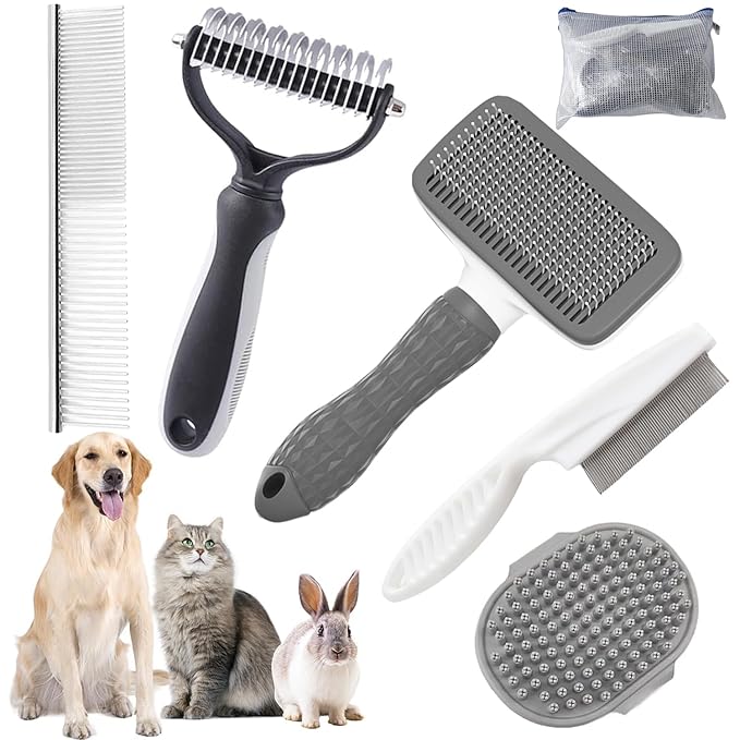 Dog Brush for Shedding,6 PCS in One Pet Slicker Hair Brush Kit Organizer Bag - Dog Cat Grooming Deshedding Undercoat Rake Brush Comb for All Small Large Dogs Cats Grey-PawvioPets